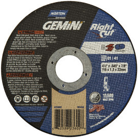 66252823602 NORTON: 4 1/2 X .045 X 7/8 CUT-OFF WHEEL, TYPE 01, A/O, GEMINI RIGHTCUT, 36 GRIT